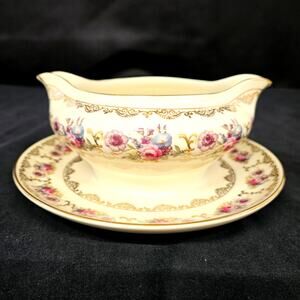 Vintage H&C Selb Bavaria Gravy Boat Dish Bowl Attached Plate Floral Gold Trim
